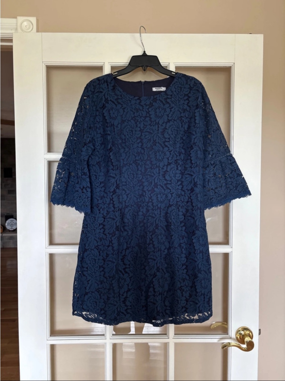 zeagoo Navy Blue Lace Midi Dress with Three-Quarter Sleeves